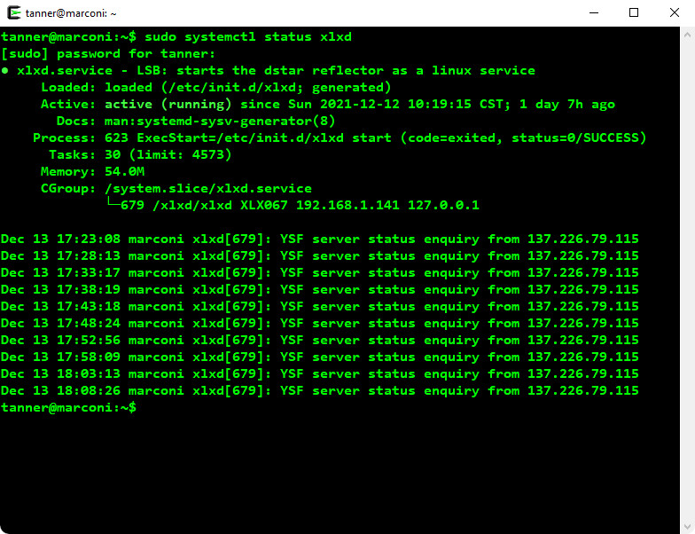 screenshot of xlxd status in terminal